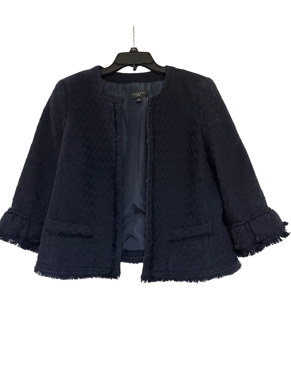 Talbots Petites Navy Tweed Fringe Trim Cropped Jacket Size 16P